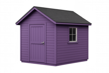 Small purple wooden shed with grey roof isolated on transparent background, ideal for architectural visualization or any design project