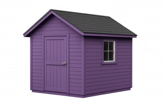 Small purple wooden shed with grey roof isolated on transparent background, ideal for architectural visualization or any design project