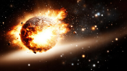 Fototapeta premium Exploding planet in deep space with fiery debris and cosmic dust, dramatic energy and destruction, surrounded by distant stars and glowing nebula, evoking awe and wonder