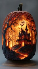 Haunted House Carved Pumpkin - Spooky Halloween Decoration.