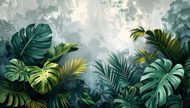 Tropical leaves wallpaper on a gray textured background
