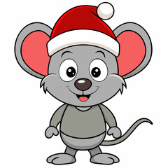 Fototapeta premium Cartoon christmas mouse with santa hat vector illustration for holiday season and festive design projects