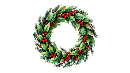 Festive Christmas wreath with holly berries and pine branches