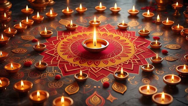 Festive Diwali celebration with candles and Rangoli art