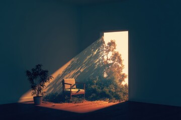 Illuminated Interior - Chair, Plant, and Doorway Bathed in Sunlight.