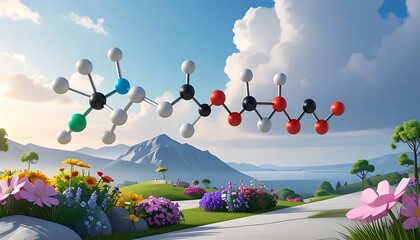 Colorful molecular model against scenic landscape