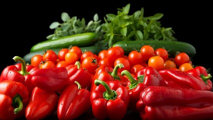 Fresh vegetables arrangement with red peppers tomatoes cucumbers and herbs