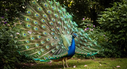 A peacock with vibrant plumage displays its magnificent tail feathers in a lush garden setting.