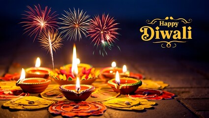 Happy Diwali celebration with diya lamps and fireworks