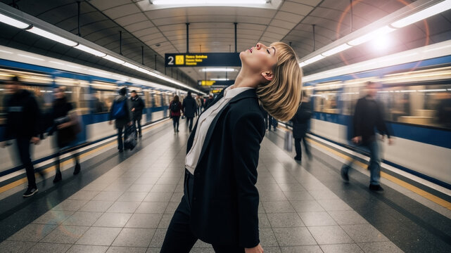 Businesswoman feeling stressed on a busy subway platform with motion blur. A woman finding relief from a hectic urban commute. Work-life balance and burnout concept.