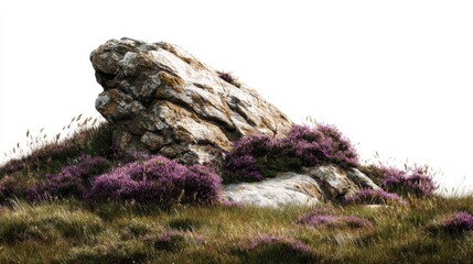 Large Rock Formation with Purple Heather and Green Grass.