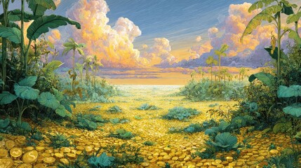 Lush Tropical Landscape with Golden Light and Vibrant Vegetation.