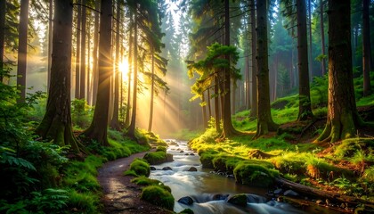 Sunrise streams through a misty forest