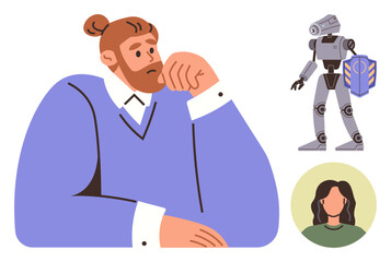 Bearded man reflecting on technology, AI robot with shield, and female profile. Ideal for decision-making, AI ethics, technology impact, human-machine collaboration, innovation, futuristic design