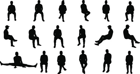 Silhouette of people sitting in various poses, men and women black figures, casual lifestyle design, vector illustration, human body shapes