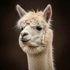 Obraz premium Close-up portrait of a fluffy, creamy-white alpaca with a distinctive textured hairstyle, showcasing its gentle and curious expression against a deep brown backdrop.
