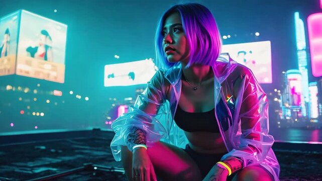 Futuristic Female Hero in a Neon Lit Sci-Fi City