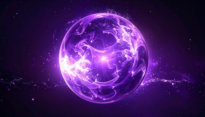 A glowing, ethereal sphere of violet energy floats in space, swirling with wisps and speckled with cosmic dust