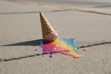 Melted Rainbow Ice Cream Cone on Pavement.