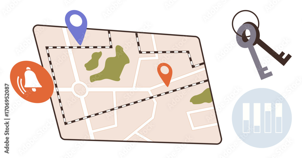 Poster navigation map with marked locations, keys symbolizing access, alert icon for notifications, and ana