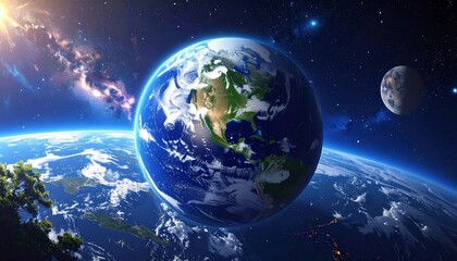 Obraz premium A detailed view of planet Earth and the moon in a vibrant galaxy backdrop with stars, nebulas, and sunlight