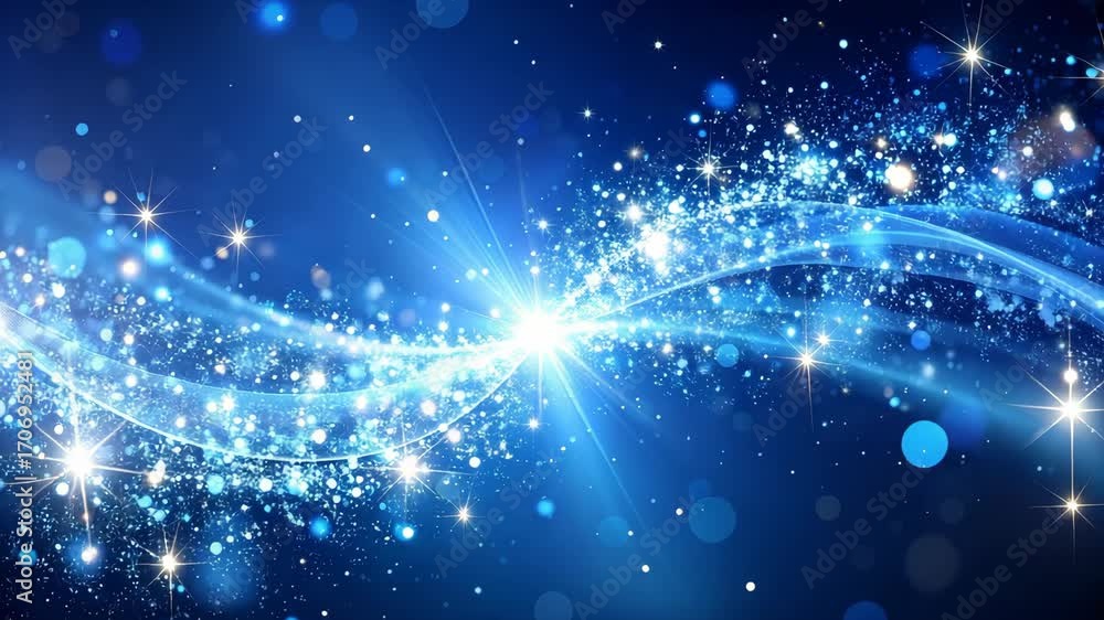 Poster sparkling light streaks and shimmering particles, forming abstract wavy patterns against a rich deep