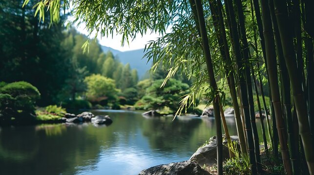  Peaceful Serene Japanese Garden Landscape With bambo