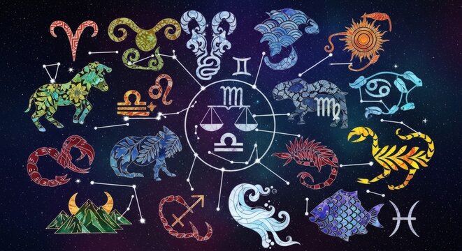 Ornate Decorative Zodiac Sign Symbol Constellation on Dark Starry Background