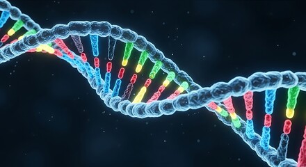 A vibrant depiction of a DNA double helix structure, showcasing colorful nucleotide bases against a dark background.