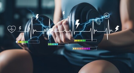 Futuristic fitness concept with a woman lifting weights and tracking biometric data like heart rate and energy levels