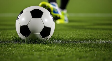 Classic Black and White Soccer Ball on Green Grass Football Field