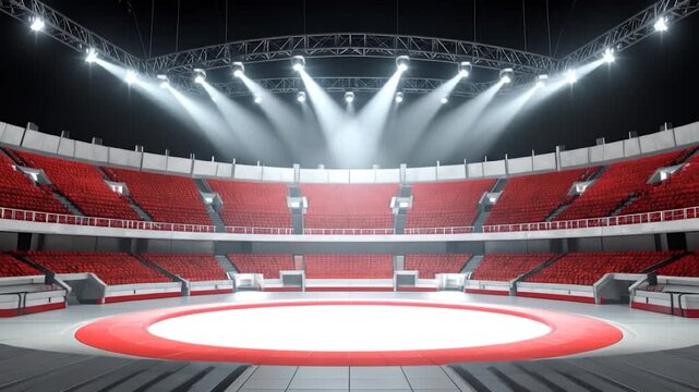 Arena view with red seating, white stage and stage lights