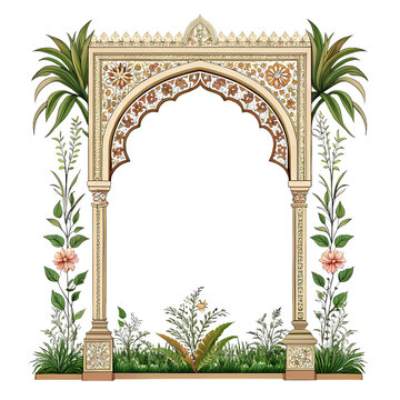 Ornate Indian archway with intricate floral and botanical elements, isolated on a transparent background.