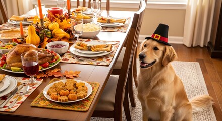 Pet-Friendly Thanksgiving  Dog wearing mini pilgrim hat sitting by table with pumpkin treats (safe pet food implied).