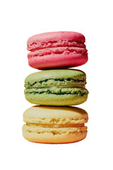 Three colorful macarons stacked vertically