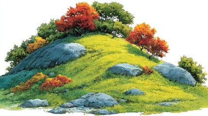 Obraz premium Grassy Hill with Colorful Trees and Rocks