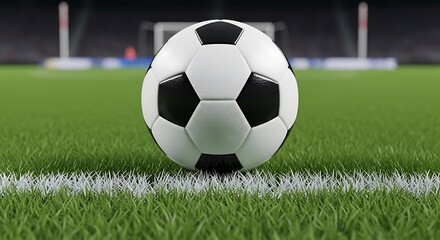 Fototapeta premium Classic Soccer Ball on Green Grass Field with Stadium Background