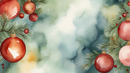 Watercolour Christmas painting  with fir tree branches decorated with red Christmas balls
