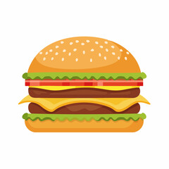 Big tasty double hamburger with cheese, meat patties, and fresh vegetables isolated on a white background