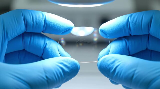 Concept of innovation in material science with a scientist carefully inspecting a new flexible transparent biomaterial
