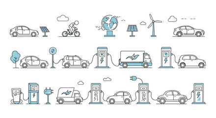 electric cars charging stations renewable energy icons