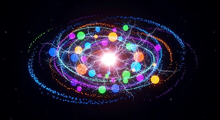 A vibrant, colorful, abstract representation of a cosmic galaxy system, featuring swirling patterns of light and energy.