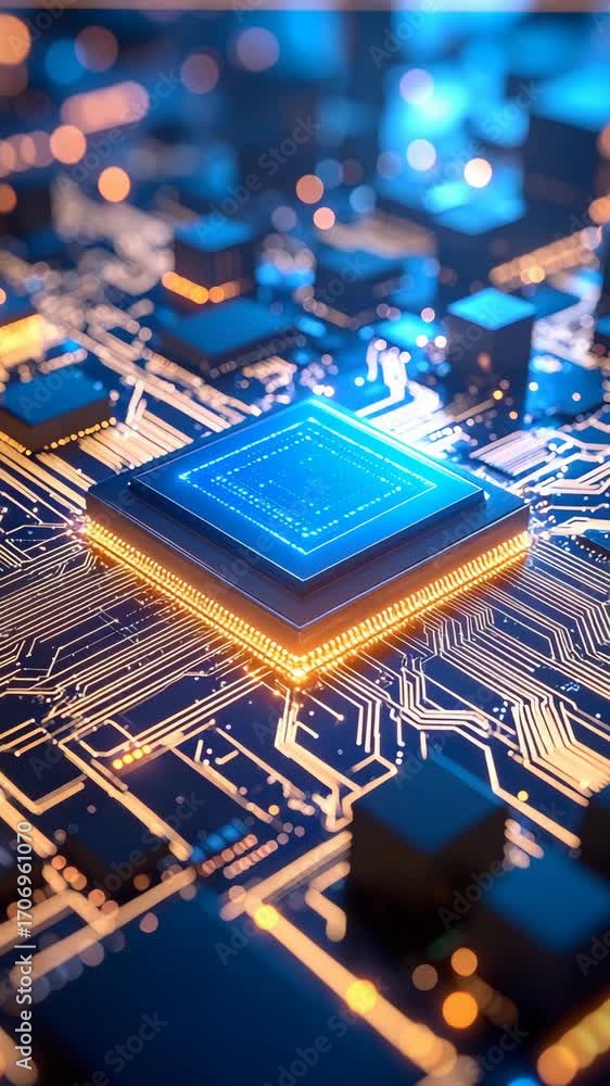 Poster abstract view of glowing blue and gold computer circuit board components for digital technology back