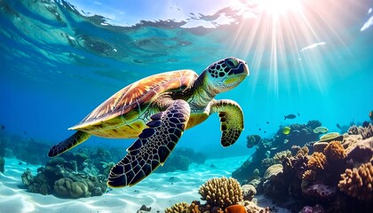 Obraz premium Sea turtle swimming in vibrant coral reef
