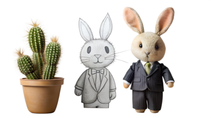 Whimsical Business Concept: Cactus, Pencil Sketch Bunny, and  Suit-Wearing Bunny Toy.