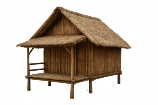 Weathered wooden hut with thatched roof, representing traditional tropical architecture, standing against transparent backdrop