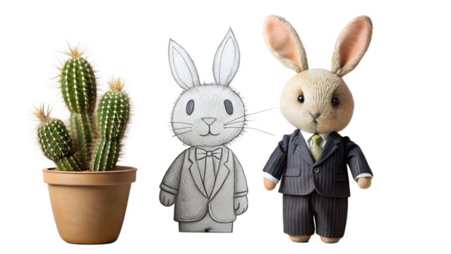 Whimsical Business Concept: Cactus, Pencil Sketch Bunny, and  Suit-Wearing Bunny Toy.