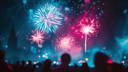 Crowd watching vibrant fireworks display at night with colorful explosions in the sky above them