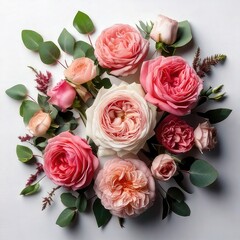 Delicate, circular arrangement of various pastel-hued roses and eucalyptus leaves on a white background
