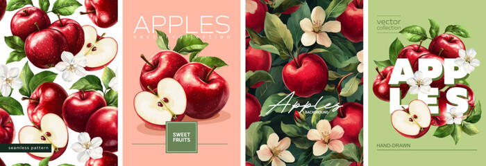 Hand drawn set of designs and patterns. Vectorized gouache illustrations. Illustrations of red apples with flowers and leaves for poster, prints, menu, card or textile